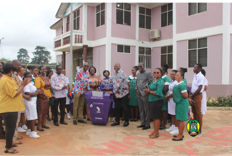Hon. Sam Pyne Presenting the bins to the Suntreso Hospital 